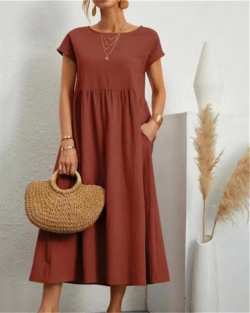 Women's Midi Dress Linen-Inspired Dresses Casual Dress Cotton Linen Dress A Line Dress Stylish Casual Vacation Daily Date Regular Fit Plain Short Sleeve Crew Neck White Pink Orange Summer Spring 2025 - $22.99 –P3