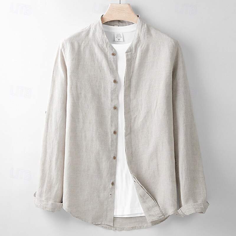 Men's Shirt Linen Shirt Casual Shirt Button Up Shirt Plain Vacation Hawaiian White Navy Blue Beige Long Sleeve Band Collar Spring Fall Clothing Apparel Button-Down 2025 - $94.99 –P2