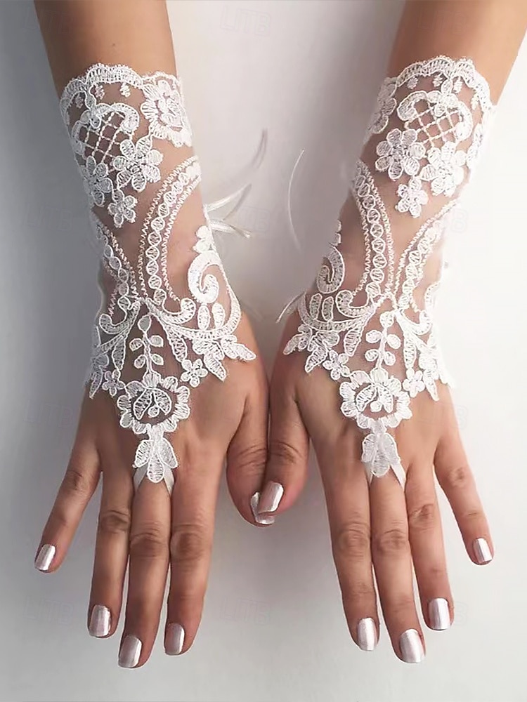 elegante hvite blonde brudehansker – vintage fingerløse bryllupshansker med blomsterbroderi for bruder og formelle arrangementer 2025 - $11.99 –P2