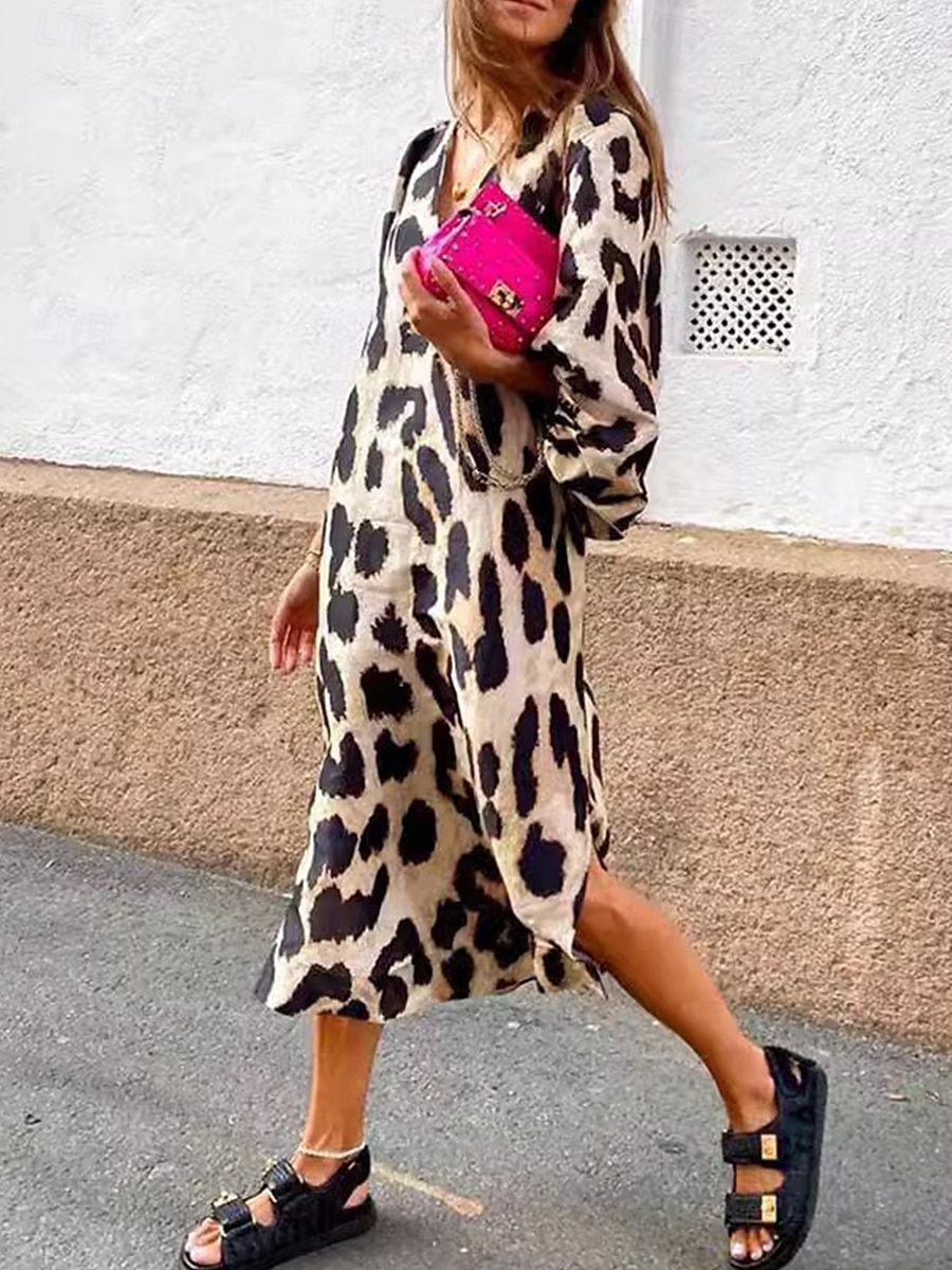 Women's Midi Dress Shift Dress Summer Dress Puff Sleeve Dress Casual Vacation Daily Regular Fit Leopard Short Sleeve V Neck Leopard Summer 2025 - $27.99 –P3