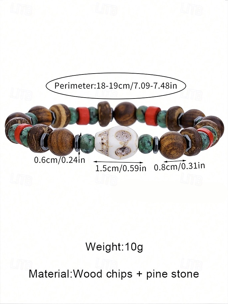 Men's Bohemian Skull and Bead Bracelets – Handcrafted Wooden, Resin & Turquoise Bead Stackable Wristbands, Casual Style for Everyday 2025 - $14.99 –P6