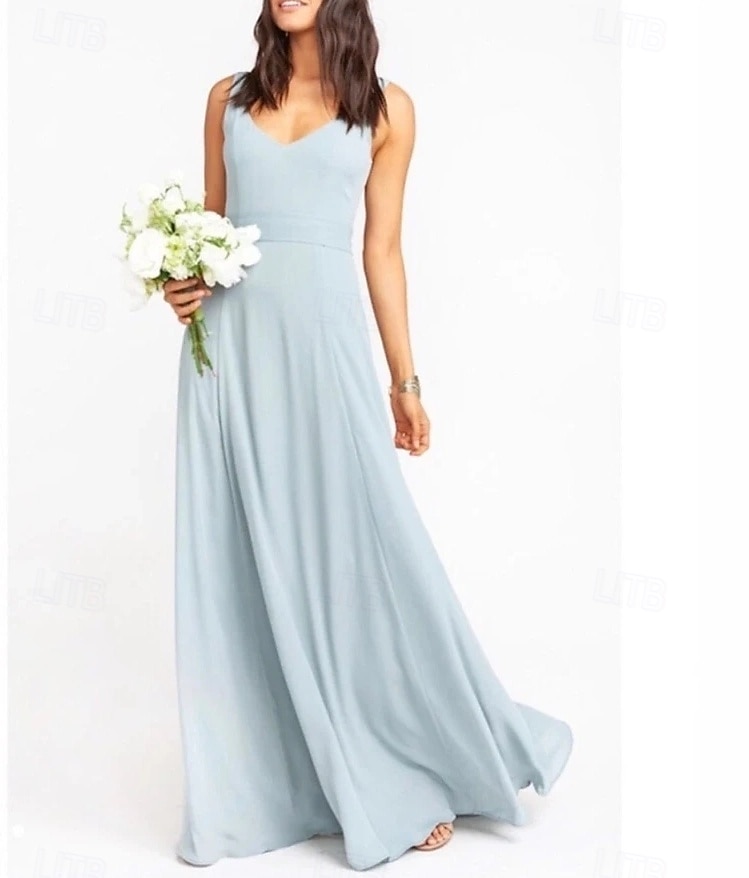 A-Line Bridesmaid Dress V Neck Sleeveless Blue Floor Length Chiffon / Spandex with Sash / Ribbon / Draping / Solid Color 2025 - $162.99 –P1