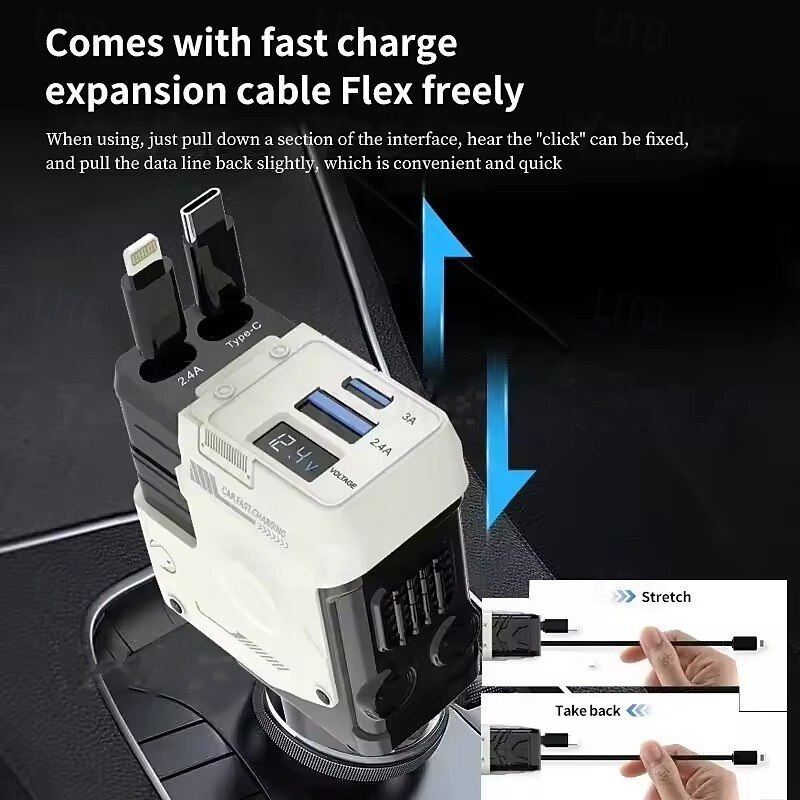 2025年 120W 4 in 1 格納式車用USB充電器 急速充電車用シガーライタープラグ iPhone用 &iPhone、Samsung、Huawei用のType-Cポート コレクション – $28.99 –P6