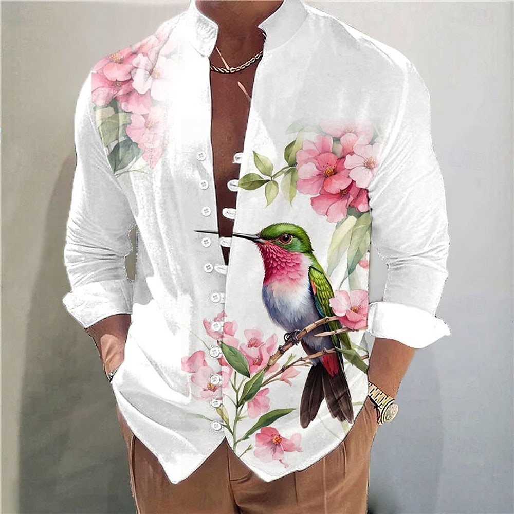 Herr Fågel Blomtryck Blomma Skjorta linneskjorta Aloha skjorta Långärmad Ledigt Semester Dagliga kläder Utekväll Vår Kinakrage Button-Down Gul Rodnande Rosa 2025 - $25.99 –P2