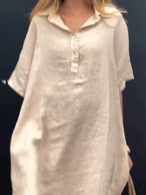 Women's Midi Dress Cotton Linen Dresses Casual Dress Basic Casual Vacation Daily Loose Fit Plain Half Sleeve Shirt Collar Yellow Pink Blue Khaki Summer Spring Fall 2025 - $26.99 –P3