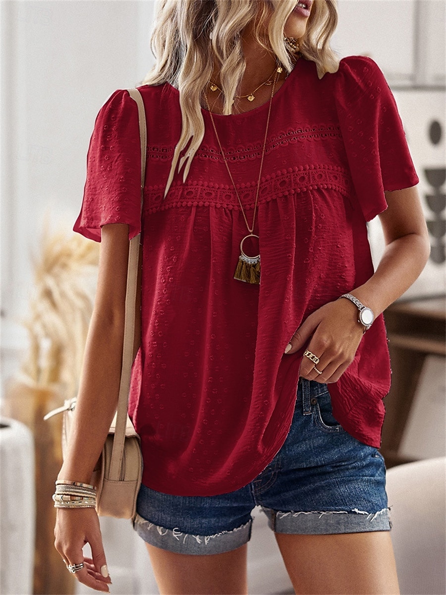 Dámské Košile Halenka Pevná barva stylové Na běžné nošení Krátký rukáv Tričkový Běžné topy Práce Denní Dovolená Šalvějová zeleň Černá Bílá Světlá růžová Rubínově červená Léto Jaro 2025 - $24.99 –P19