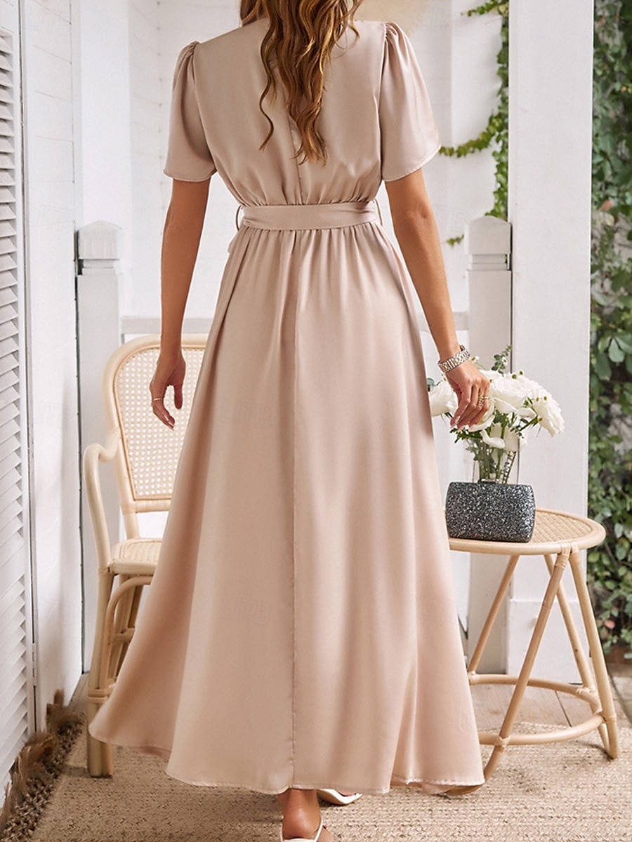 Sukienka maxi dla kobiet Sukienka w kształcie litery A Jednolity kolor Sukienka letnia Podstawowy Casual Wakacje Codzienny Regular Fit Gładka Krótki rękaw Okrągły dekolt Różowy Winny Niebieski 2025 - $41.99 –P6