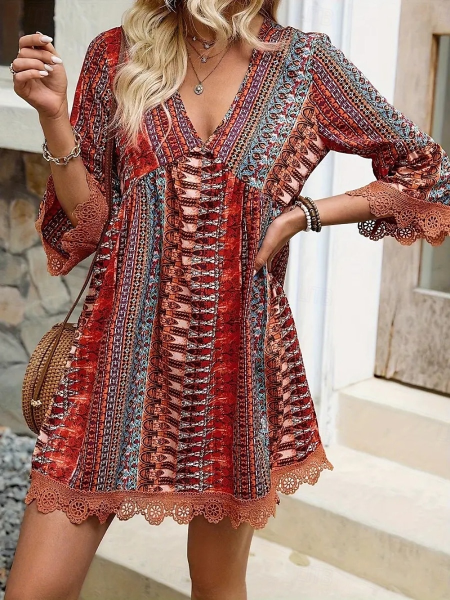 Damskie Sukienka mini Codzienne sukienki Sukienka Boho Elegancki Codzienny Urlop Codzienny Regularny Graficzny Geometryczny Rękaw 3/4 W serek Rumiany róż Czerwony Niebieski Lato 2025 - $23.99 –P1