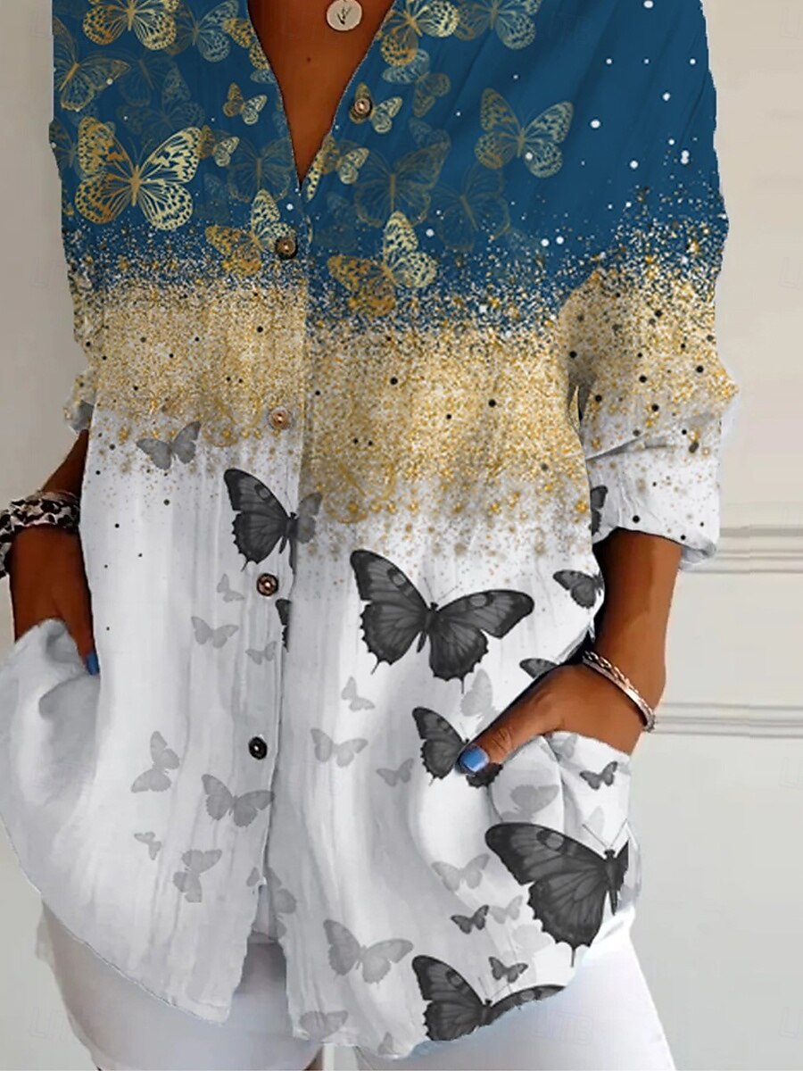 Women's Shirt Ombre Graphic Butterfly Daily Stylish Retro Vintage 3/4 Length Sleeve Shirt Collar Regular Tops Daily Holiday Going out Buttons Blue Summer Spring 2025 - $32.99 –P3