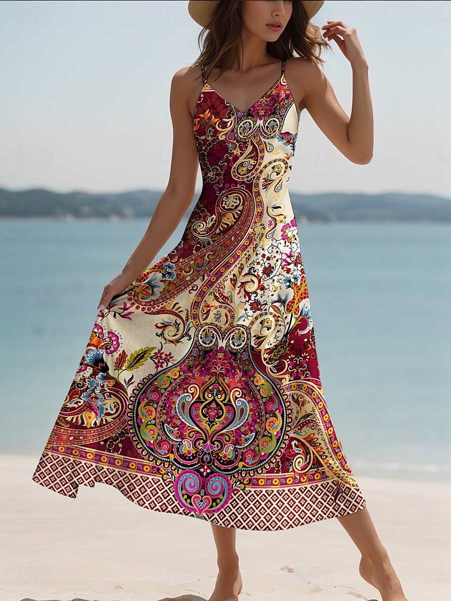Pentru femei Rochie Maxi Rochie casual Rochie A line Vacanță Epocă Έθνικ Zilnic Fit regulat Grafic Epocă Boem Fără manșon În V Roz Îmbujorat Albastru piscină Mov Trifoi Vară Primăvară Toamnă 2025 - $28.99 –P1