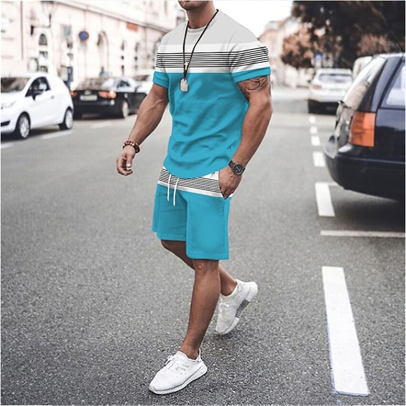 Men's T-shirt Suits Tee & Drawstring Waist Shorts 2 Pieces Outfits Tee & Shorts Short Sleeve Crewneck Summer Color Block Stripes Fashion Casual 2 Piece Vacation Daily Wear Going out Black Green Red 2025 - $19.49 –P5