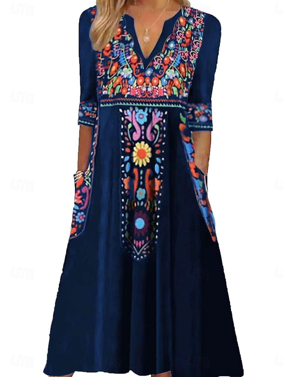Dámské Midi šaty Boho šaty s dlouhým rukávem Áčkové šaty Boho šaty stylové Na běžné nošení Dovolená Ležérní Denní Běžný Grafika Dlouhý rukáv Do V Černá Fialová Námořnická modř Léto Jaro Podzim 2025 - $27.99 –P5