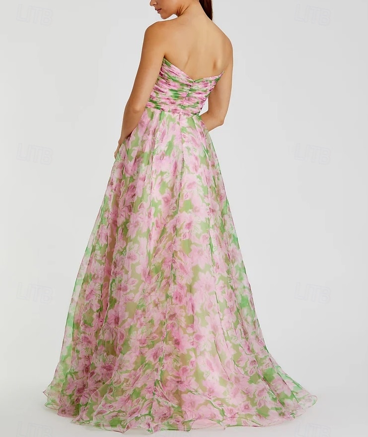 Rosa Blommig A-linjead Prom Klänningar Chiffon Elegant Formell Bröllop Klänning Gäst Golvlång Ärmlös Axelbandslös Bröllopsgästklänning 2025 - $183.99 –P2