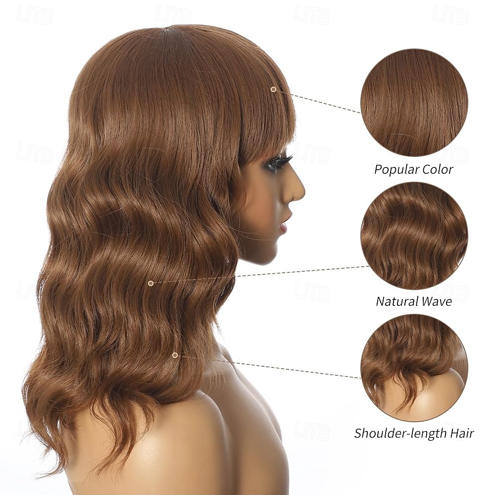 Wavy Curly Bob Wigs for Womn, Women'S Charming Chocolate Brown Wigs Shoulder Medium Length Wigs with Bangs for Daily Cosplay Party Use 2025 - $29.99 –P3