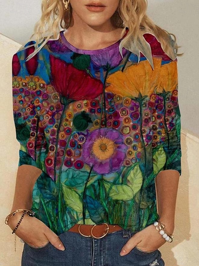 Women's T Shirt Floral Graphic Casual Long Sleeve Crew Neck Regular Tops Daily Print Light Brown Spring Fall 2025 - $22.99 –P2