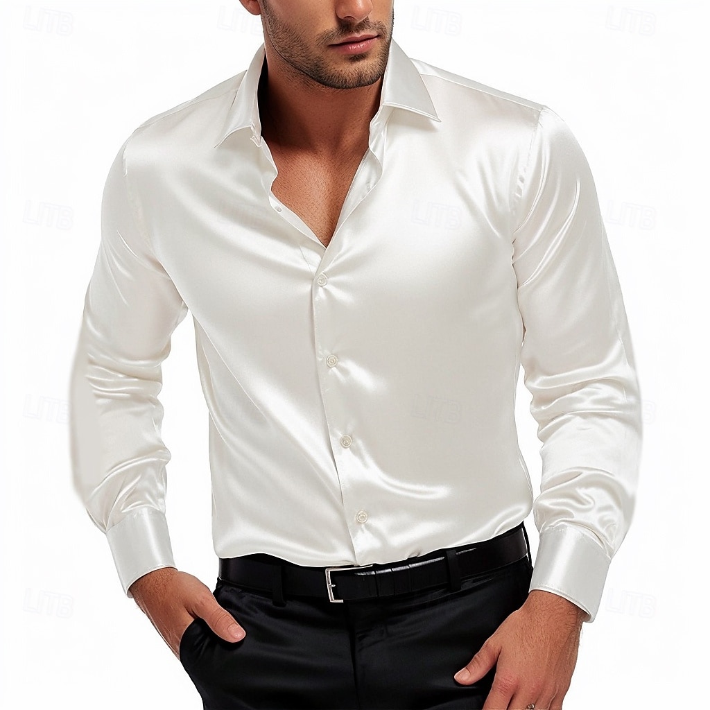 Homens Camisa Social Blusa de cetim Camisa casual camisa de botão Tecido Casamento Férias Preto Branco Vinho Azul Marinha Manga Longa Lapela Primavera & Outono Roupa de 2026 por $26.99 –P2