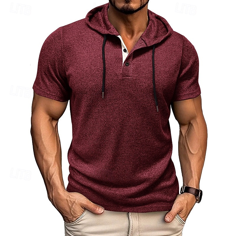 Herren T Shirt T-Shirt Kurzarmshirt Kurzarm Mit Kapuze Sommer Einfach Mode Designer Basic Knöpfe Urlaub Straße Ausgehen Wein Top T-Shirt für Herren 2026 - $30.99 –P13