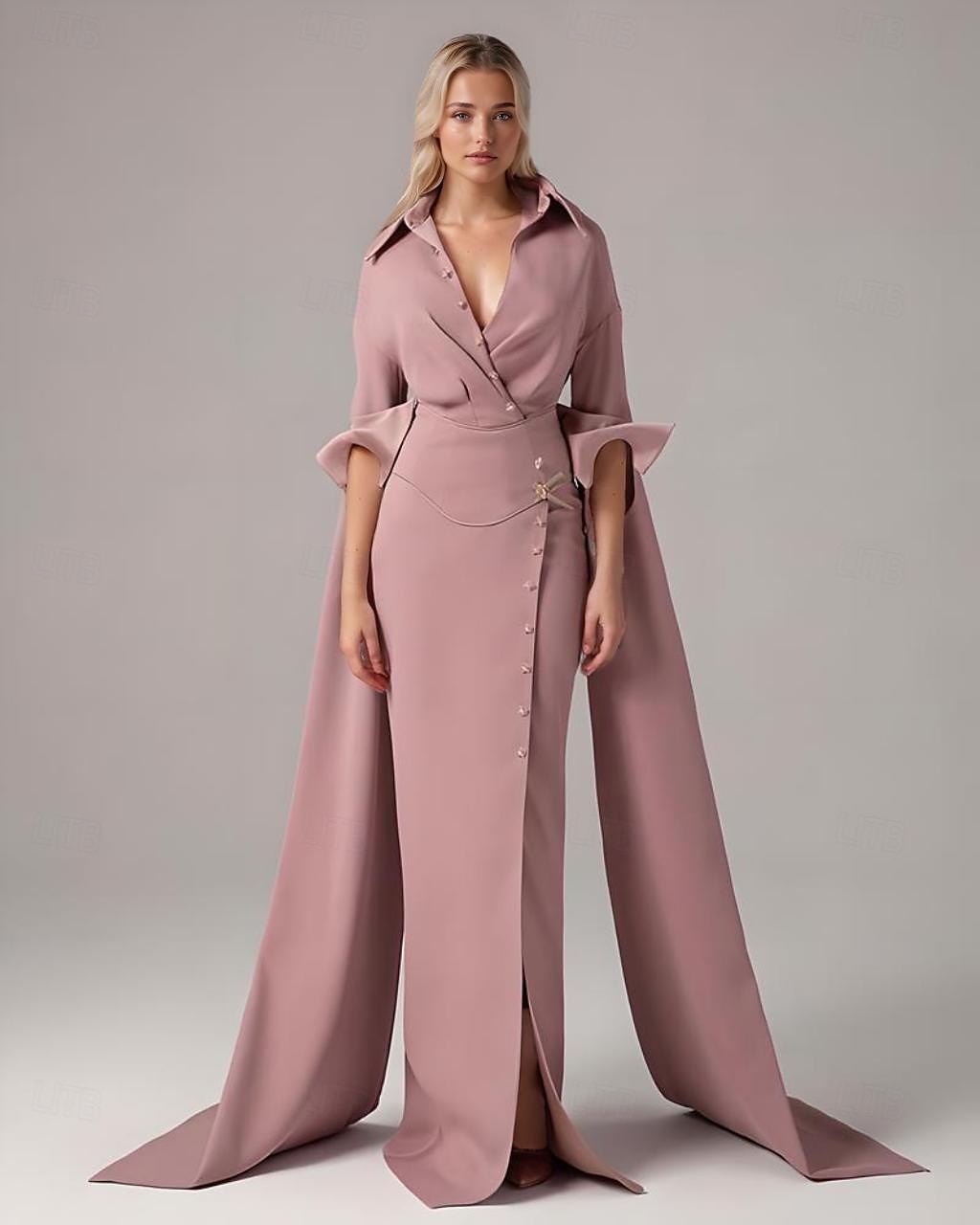Zeemeermin  Trompet Moeder van de Bruid Jurk Bruiloft Gast Elegante Eenvoudige Minimalistische V-Hals Shirt Kraag Vloerlengte Satijnen Crepe Lange Mouwen met Knopen 2025 - $227.99 –P1
