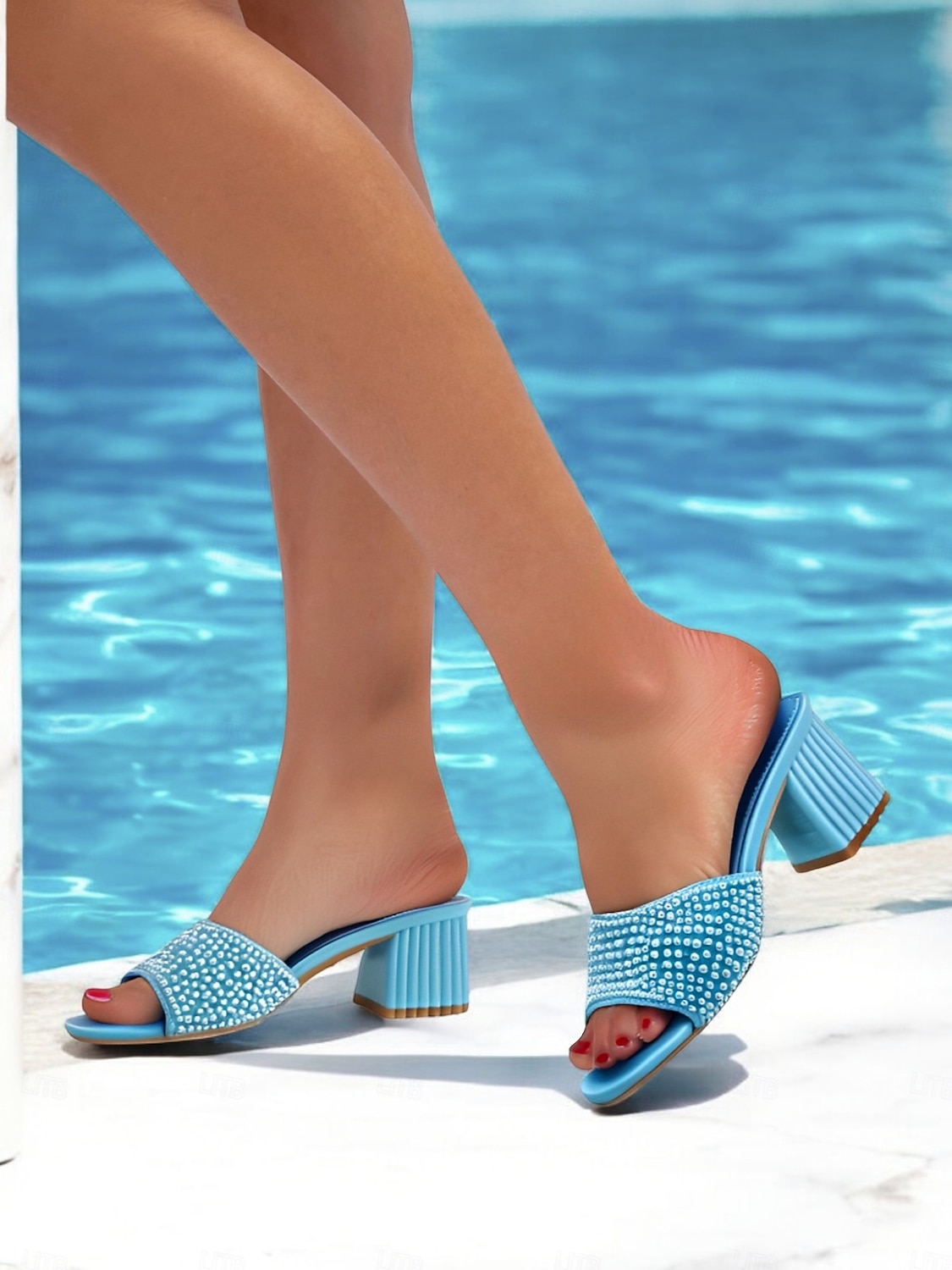 Women's Light Blue Pearl-Embellished Block Heel Mules – Elegant Open-Toe Slip-On Sandals for Summer Parties & Evening Wear 2025 - $42.99 –P1