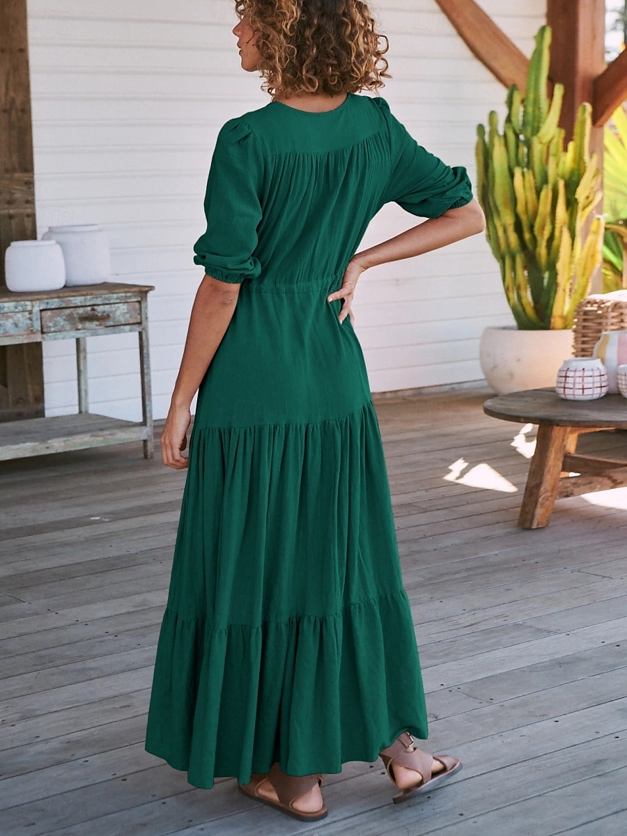 Women's Maxi Dress Casual Dress Swing Dress A Line Dress Casual Vacation Daily Regular Fit Plain Short Sleeve V Neck Black Navy Blue Fuchsia Green Summer 2025 - $31.99 –P10