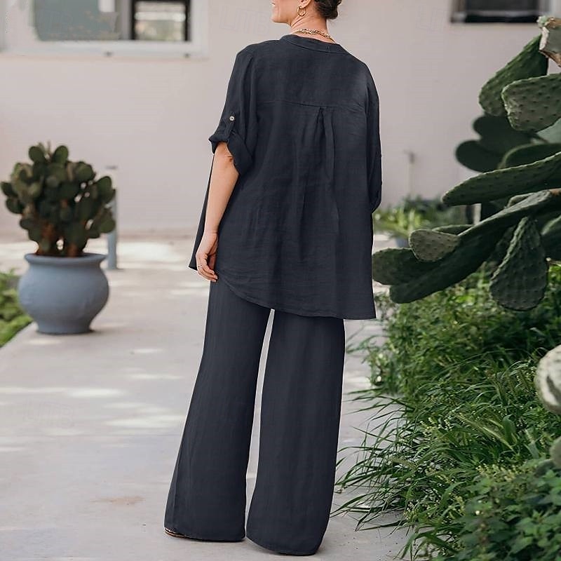 Dam Mode Streetwear Skjorta Linneinspirerade set Tvådelade set Linne Byxor Byxor Långärmad Hög krage Ensfärgat Dagliga kläder Datum Marinblå Orange Vår Normal 2025 - $28.99 –P12