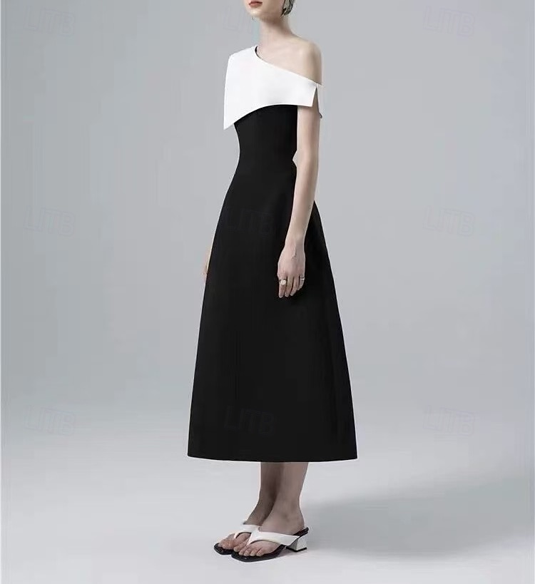 Robe de cocktail A-Line robe élégante retour à la maison cocktail party longueur thé sans manches une épaule poche mélange coton dos nu avec volants poche robes de 2025 ? $164.99 –P4