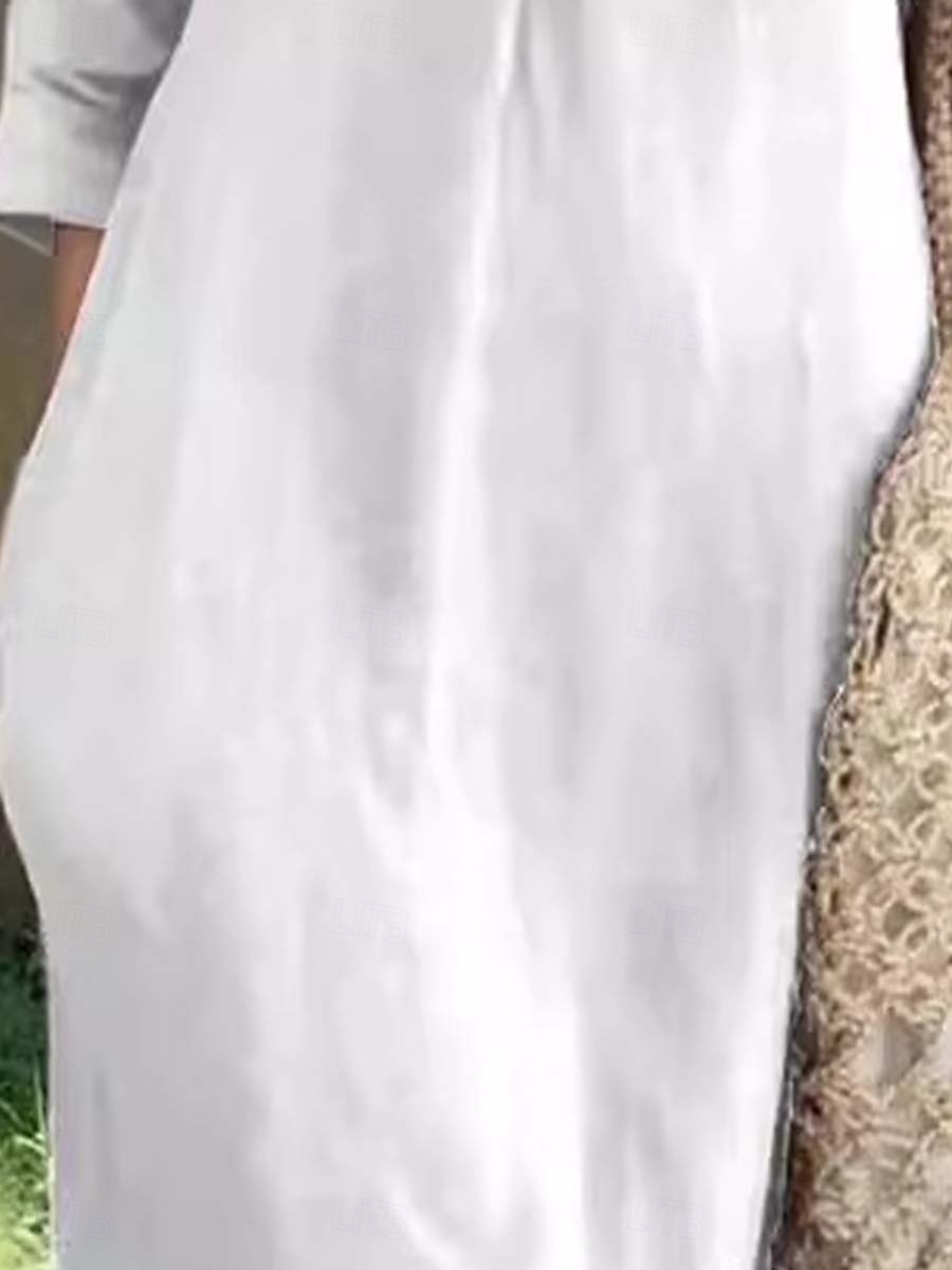 Femmes Robe Longue Maxi Robe Robes inspirées du lin Élégant Coupe régulière Demi Manches Col en V Noir Blanche Été Printemps de 2025 ? $28.99 –P3
