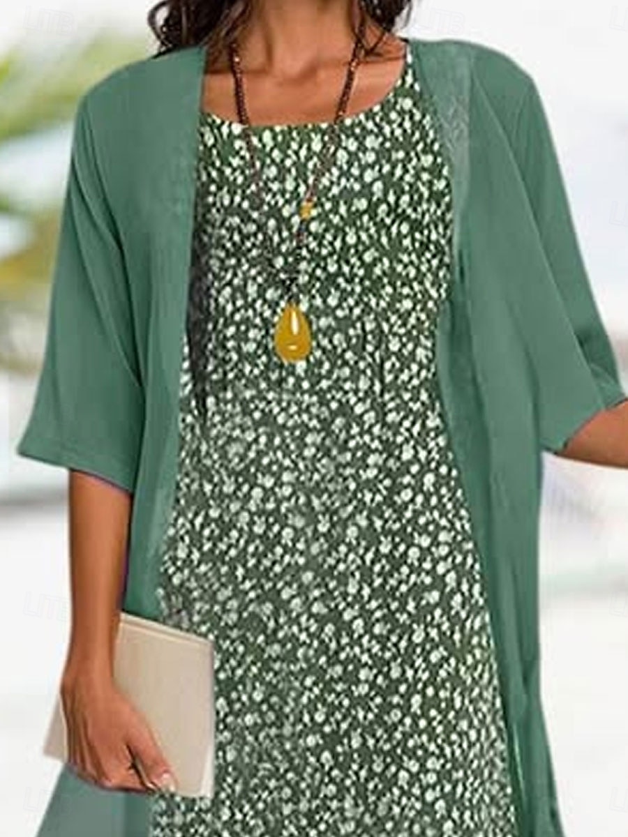 Abschlusskleider Midi Kleid Chiffon Kleid Shift Kleid elegant täglich lockere Passform floral halblange Ärmel Rundhals grün Sommer Frühling Herbst 2025 - $36.99 –P2