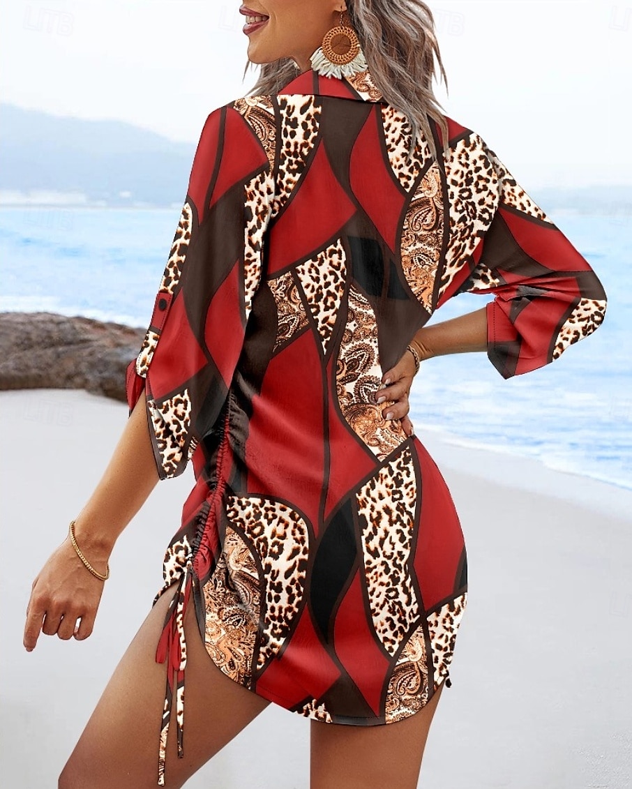 Dame Mini kjole Sexy kjole Elegant kjole Elegant Normal Leopard Geometrisk Langermet V-hals Gul Rød Blå Grønn Høst 2025 - $22.99 –P8