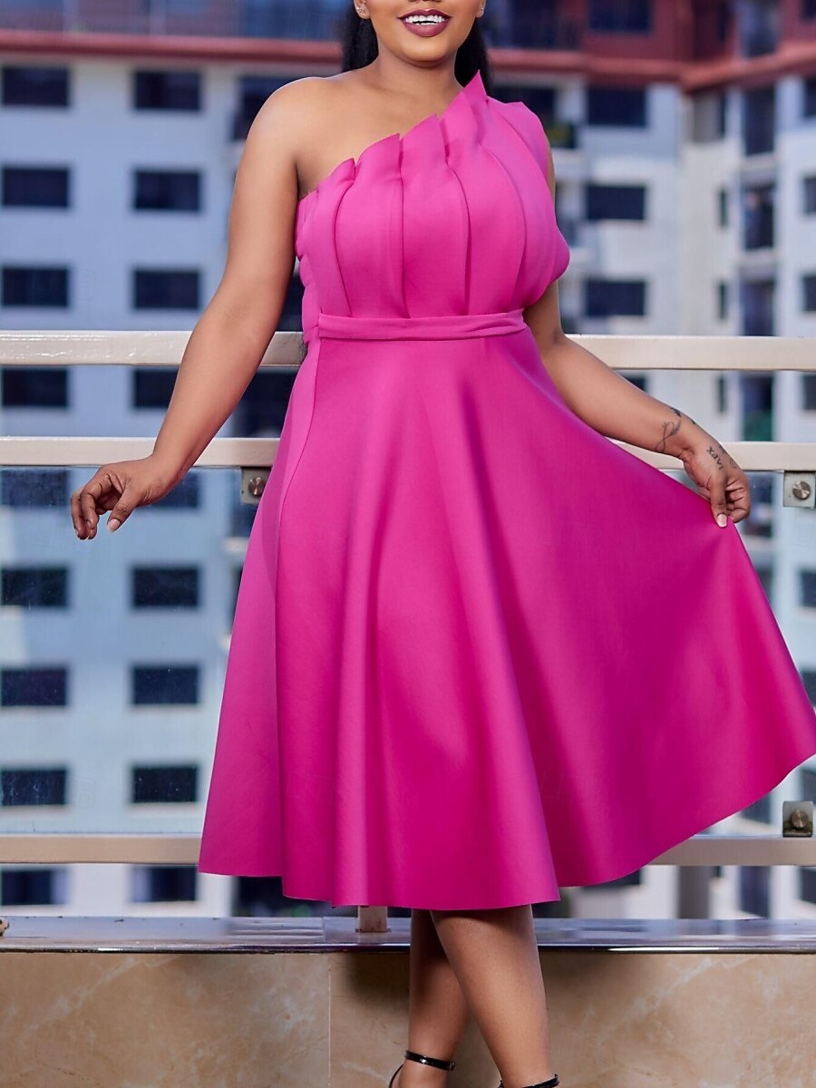 Kentucky Derby Damen Midi Kleid A-Linie Kleid Fit And Flare Kleid Elegant Formal Party Hochzeitsgast Verlobung Reguläre Passform Grafisch Ärmellos Eine Schulter Weiß Pink Rot Fuchsia 2025 - $44.99 –P2