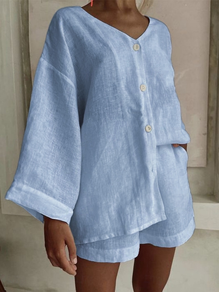 Women's Fashion Streetwear Daily Shirt Linen-Inspired Sets Two Piece Sets Baggy Shorts Long Sleeve V Neck Plain Casual Daily Black White Blue Summer Regular Fit 2025 - $30.99 –P7