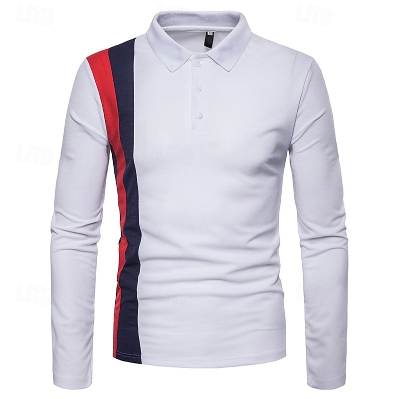 Herr Golftröja Golf pikétröjor Arbete Ledigt Kavajslag Långärmad Grundläggande Modern Färgblock Lappverk Knappar Vår Höst Normal Svart Vit Marinblå Golftröja 2025 - $12.99 –P7