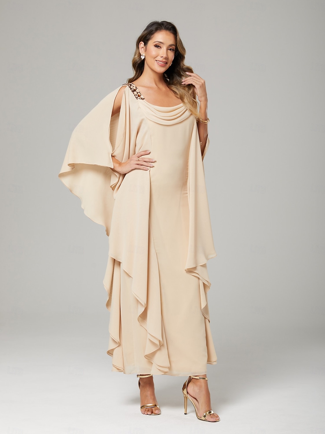 Rochie de mamă a miresei tip sheath  coloană elegantă mărime plus gât rotund lungime pe podea chiffon mânecă ½ cu mărgele volane în cascadă 2025 - $175.99 –P3