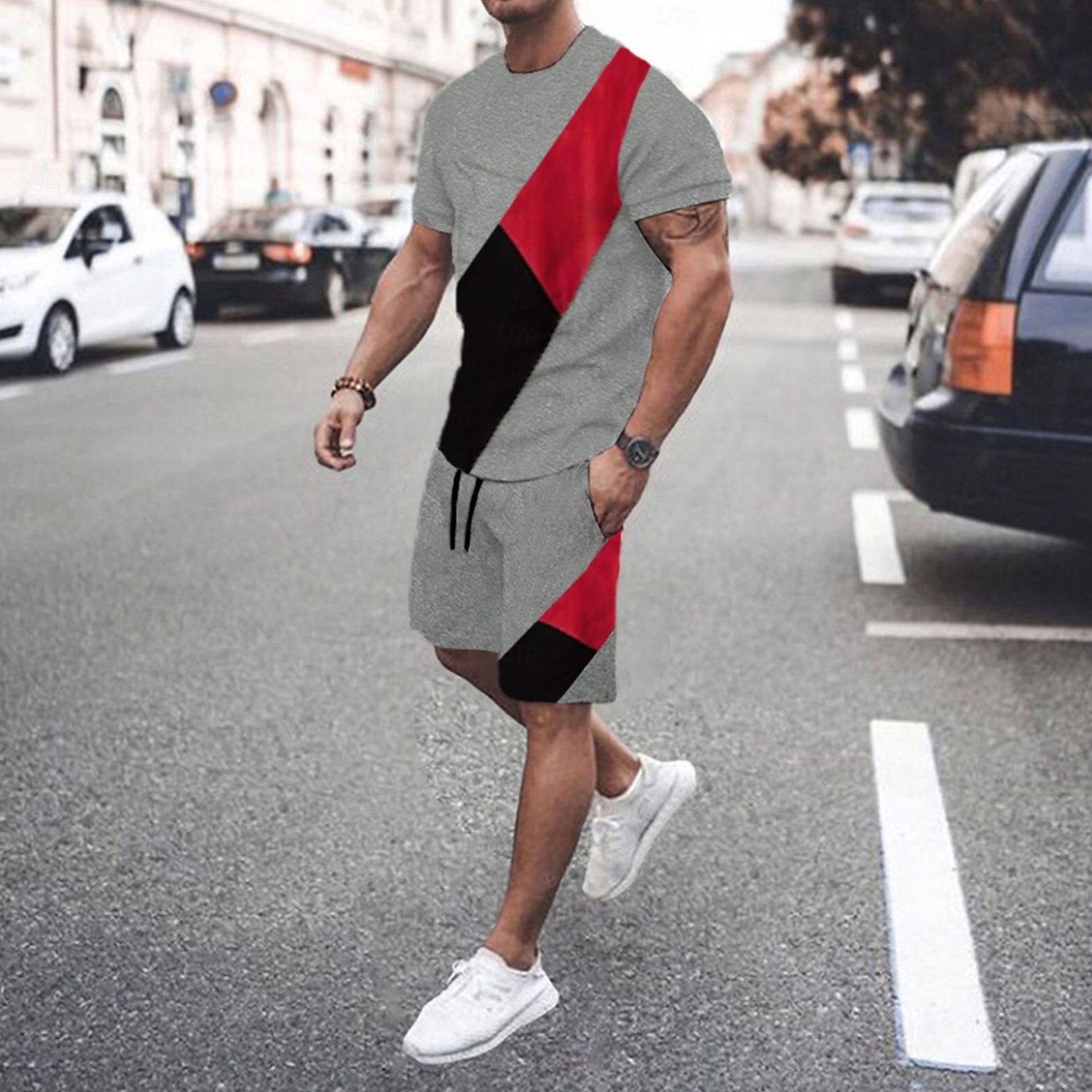 Men's T-shirt Suits 2 Pieces Outfits Tee & Shorts Short Sleeve Crewneck Summer Color Block Fashion Casual 2 Piece Vacation Daily Wear Going out Black White Green Top Tee for Men 2025 - $25.99 –P5