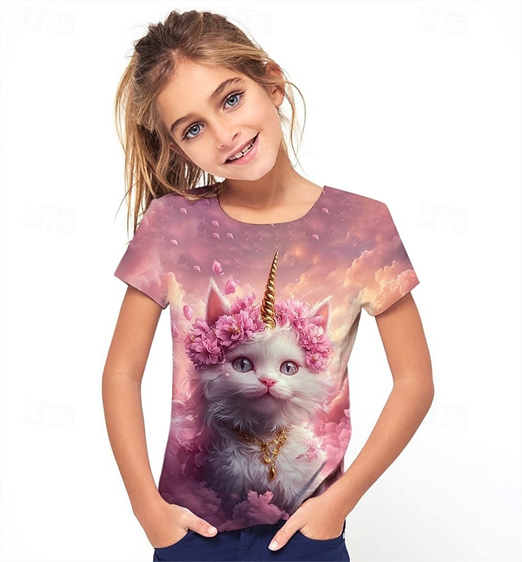 Dla dziewczynek 3D Graficzny Kot Podkoszulek T-shirt Krótki rękaw Lato Wiosna Moda Podstawowy Dzieci 4-12 lat Półgolf Na zewnątrz Codzienny Regularny 2025 - $11.99 –P3