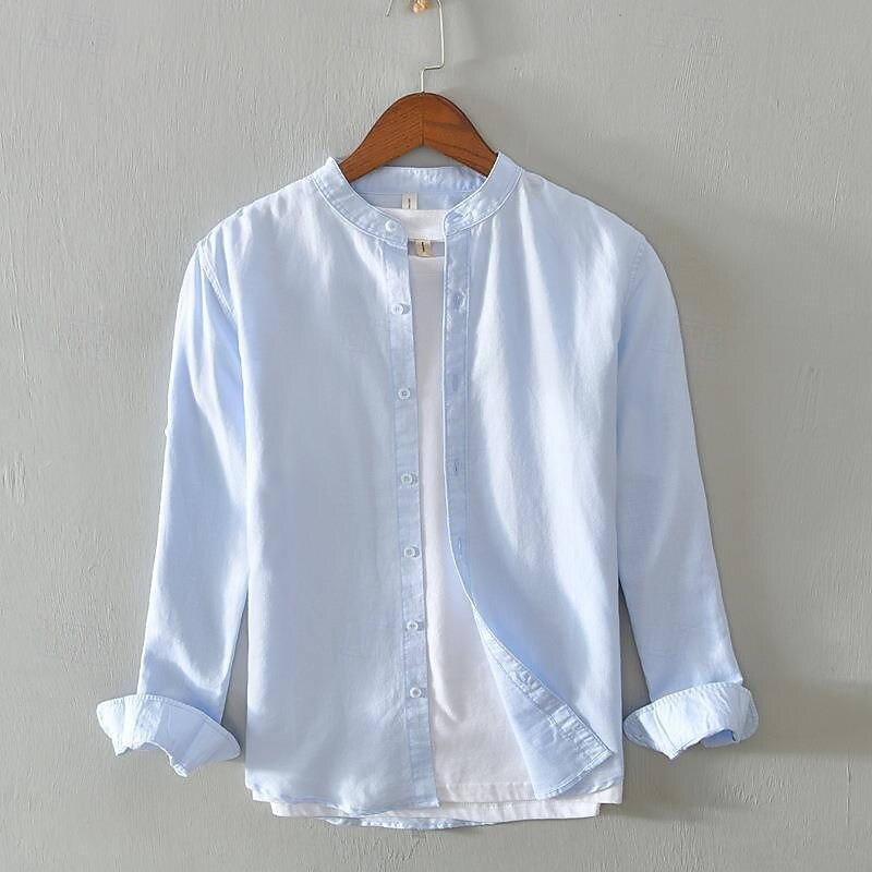 Per uomo Camicia Camicia di lino Camicia casual Camicia con Bottoni Camicia di cotone Semplice Vacanza Camicia hawaiana Bianco Blu marino Cachi Grigio Manica Lunga Colletto alla coreana Primavera del 2025 a $37.99 –P8