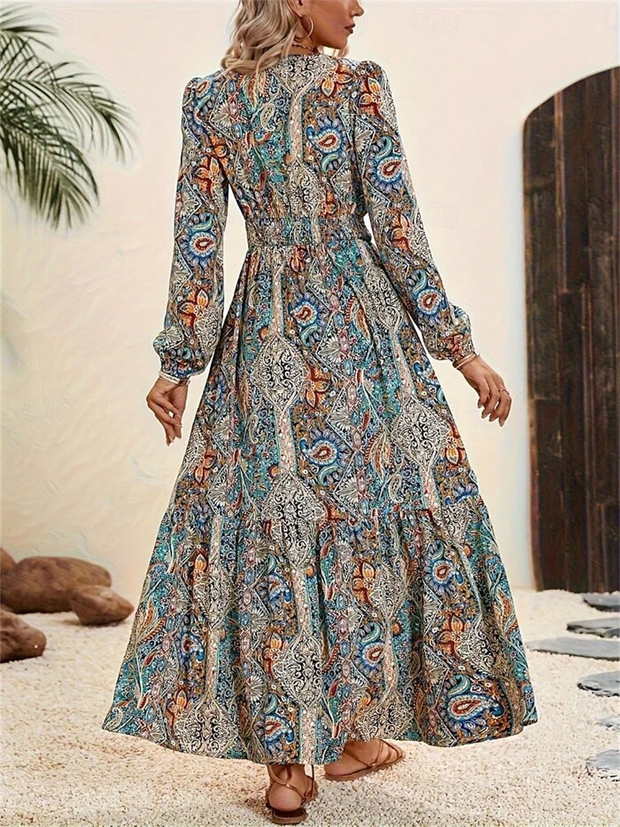 Pentru femei Rochie Maxi Rochie A line Rochie cu maneci bufante Boemia Vacanță Vacanță Casual Zilnic Fit regulat Grafic Manșon Lung Stil Nautic Bleumarin Vară Primăvară 2025 - $34.99 –P2