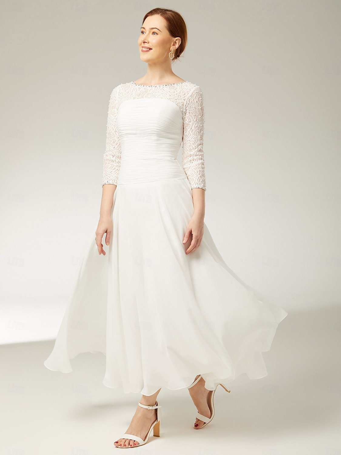 A-Line Mother of the Bride Dress Wedding Guest Elegant Crew Neck Ankle Length Chiffon Lace 3/4 Length Sleeve with Sequin Ruching 2025 - $188.99 –P5