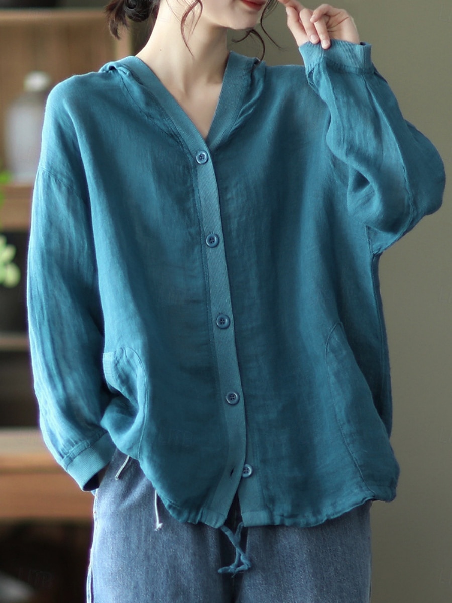 Women's Shirt Cotton Linen Shirts Button Up Blouse Solid Color Basic Casual Long Sleeve Hooded Regular Tops Daily Buttons White Red Blue Beige Summer 2025 - $25.99 –P8