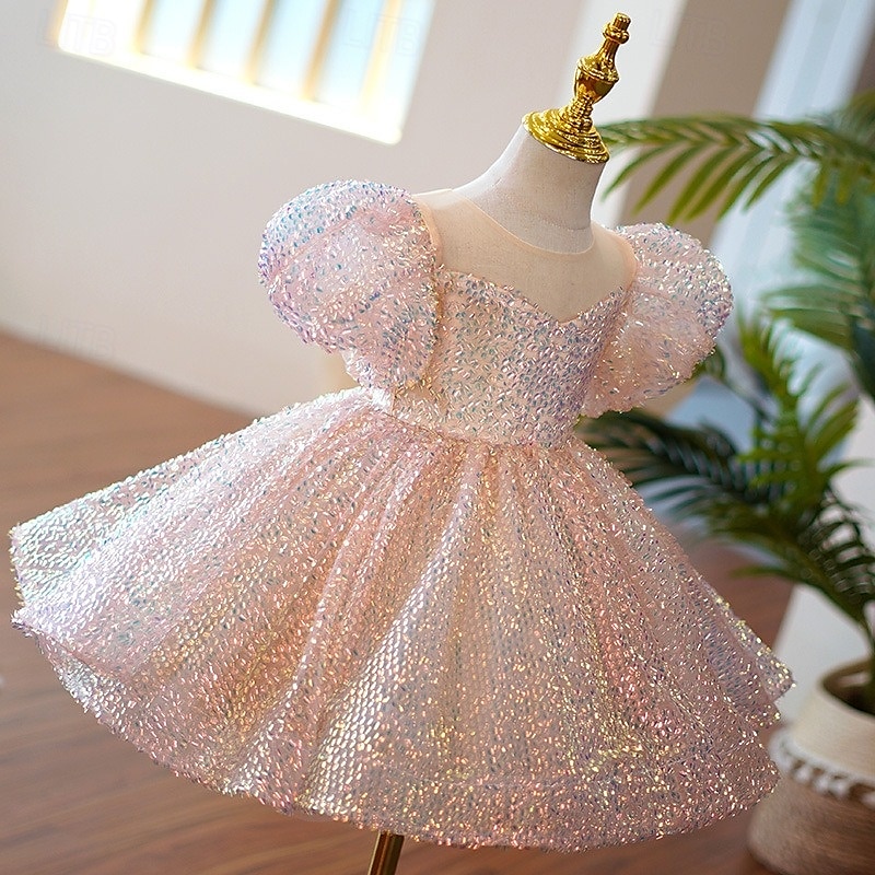 kinderkleidung Mädchen Party Kleid Feste Farbe 3/4 Ärmel Leistung Gitter Prinzessin Süß Gitter Mitte der Wade Etuikleid Tüll-Kleid Sommer Frühling Herbst 4-12 Jahre Rosa 2025 - $59.99 –P1