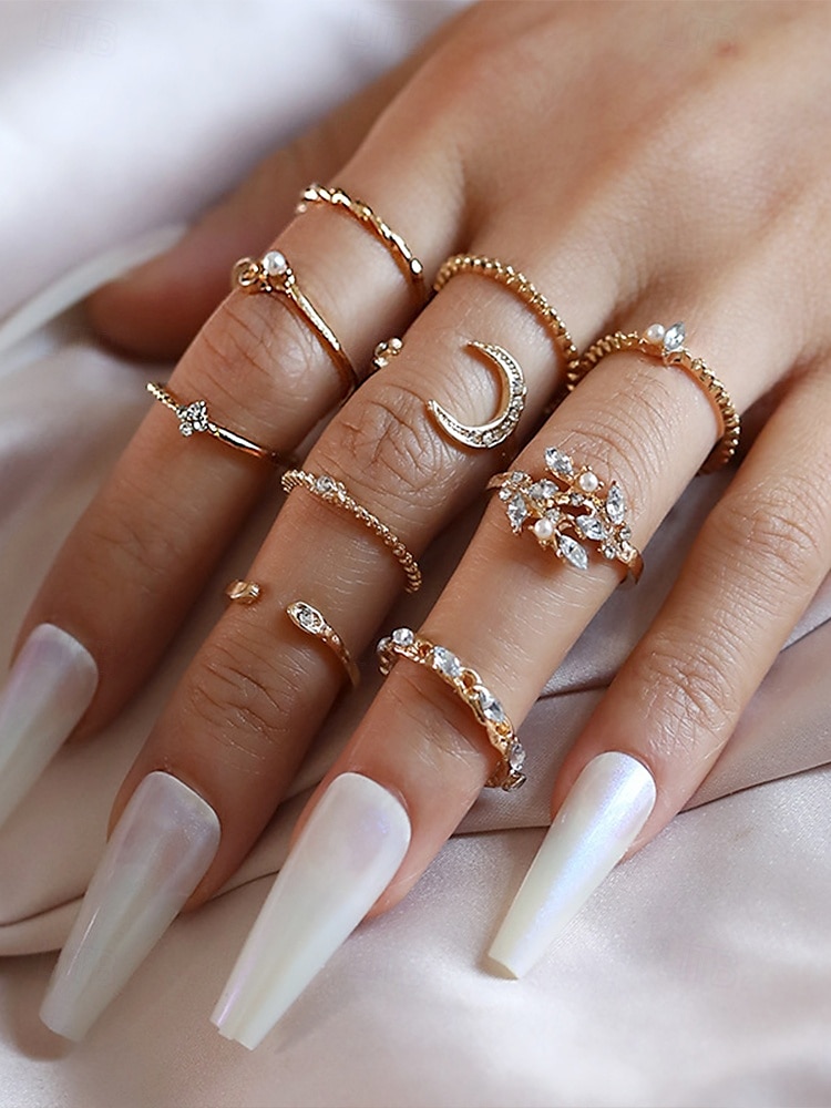 vergulde stapelringenset voor dames – verstelbare ringen versierd met strass en parels, trendy boho-stijl voor casual en formele gelegenheden 2025 - $9.99 –P2