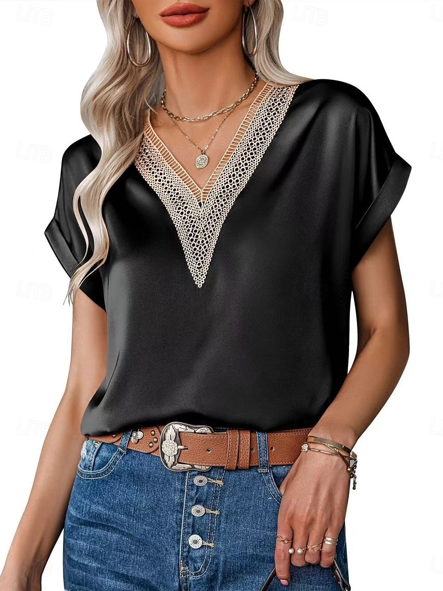 Débardeur en camisole pour femmes couleur unie élégant décontracté à manches courtes col en V tops réguliers impression quotidienne dentelle patchwork noir blanc rose vin vert été de 2025 ? $17.99 –P6