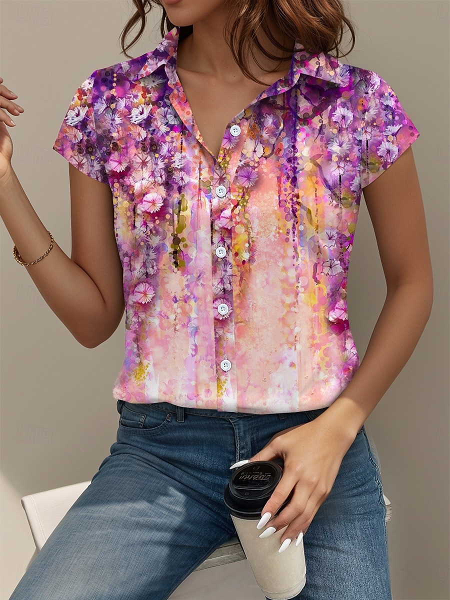 Dames Overhemd Ombre Bloemig Dagelijks Korte mouw Kap Overhemdkraag Lange tops Dagelijks Fuchsia Zomer 2025 - $25.99 –P1