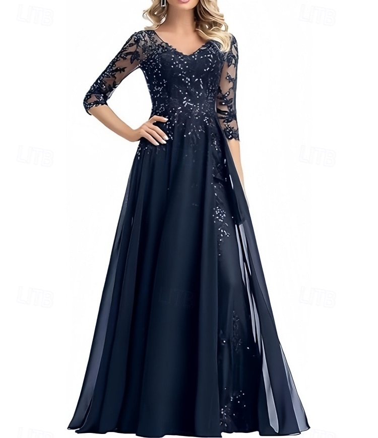 A-Line Mother of the Bride Dress Wedding Guest Elegant V Neck Floor Length Chiffon 3/4 Length Sleeve with Beading Appliques 2025 - $213.99 –P1