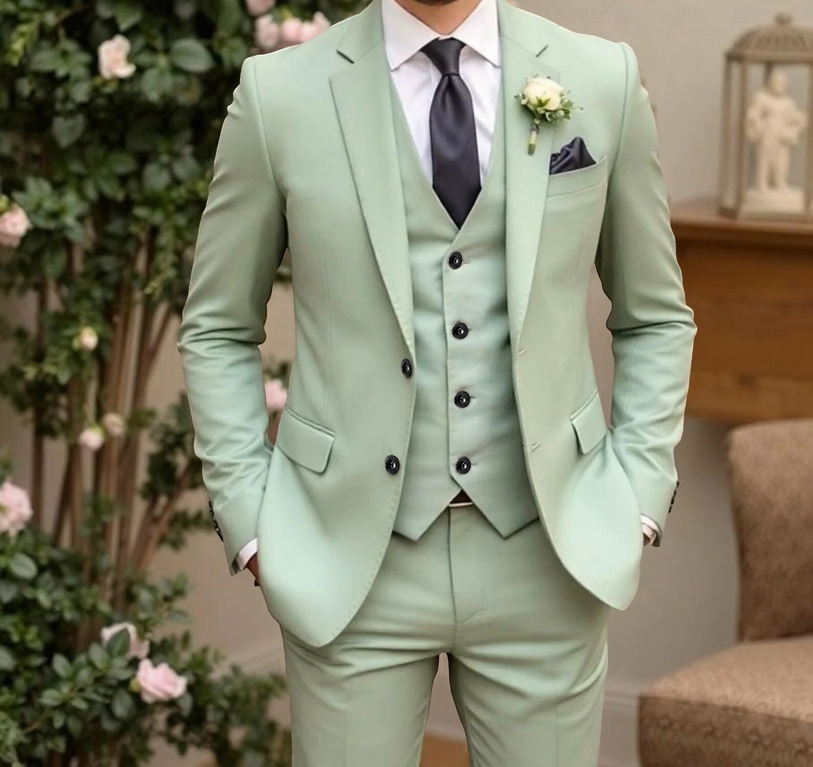 Ternos de Casamento Masculinos para Festa Prom Verde Claro Verão com Cor Sólida Ajuste Padrão 3 Peças com Botões Duplos de 2025 por $135.99 –P2