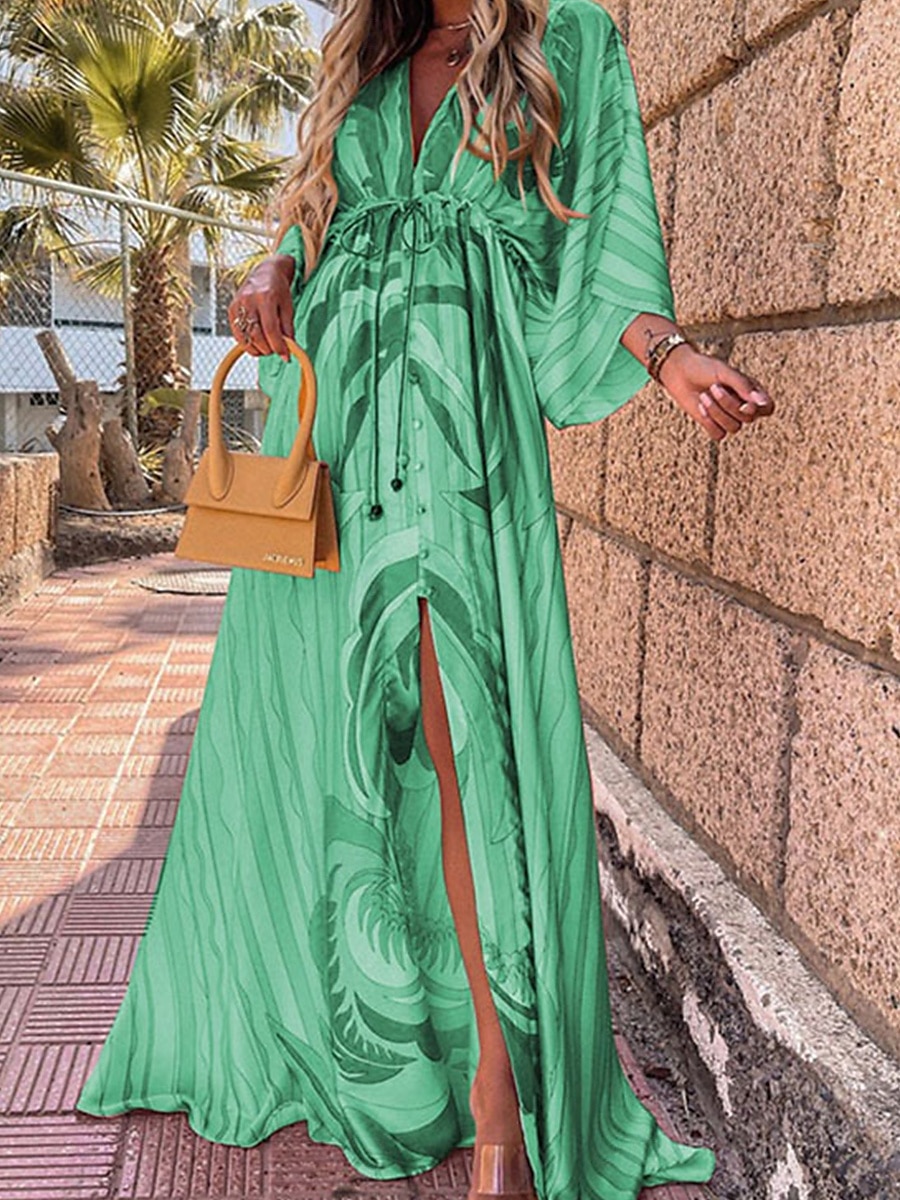 Dam Maxiklänning Wrapklänning Solklänning A linjeklänning Fit And Flare Klänning Semester Semester Dagligen Normal Blommig Långärmad V-hals Rodnande Rosa Orange Grön Mörkblå Sommar 2025 - $31.99 –P2