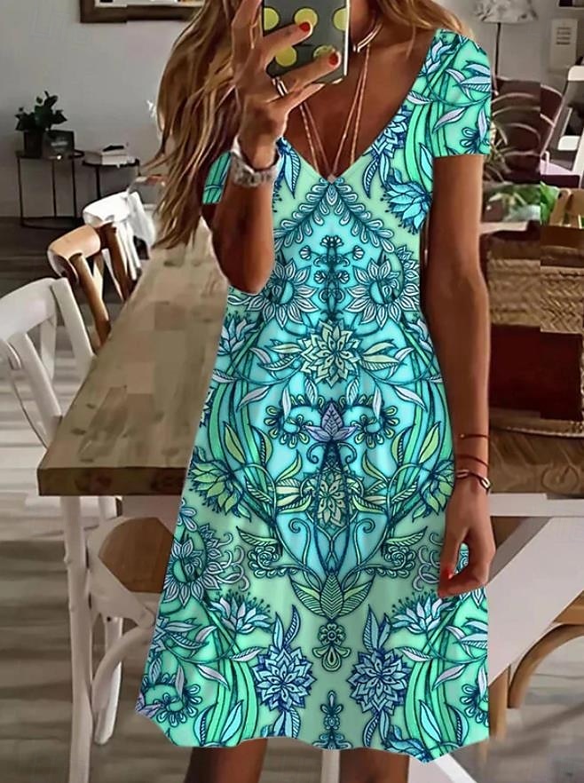 Női Mini ruha hétköznapi ruha Elegáns Csehország Szüret Napi Normál Virágos Grafika Boho Paisley Damaszk Rövid ujjú Terített nyak Világoszöld Nyár 2025 - $23.99 –P1