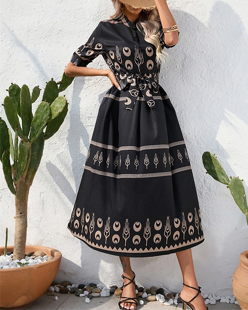 Pentru femei Rochie Lunga Rochie Maxi Rochie casual Rochie de vară Rochie Boho Modă În aer liber Concediu Dată Fit regulat Vopsire Lungime Manșon 3/4 Guler Cămașă Negru Alb Trifoi Vară Primăvară 2025 - $26.99 –P10