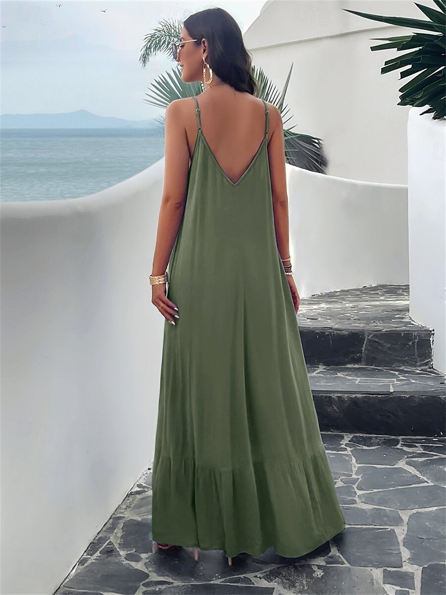 Damen Maxi Kleid Strandkleid Slip Kleid Urlaub Strandurlaub Unifarben Lässig Täglich Lockere Passform Grafik Ärmellos Träger Schwarz Rot Himmelblau Grün Sommer 2025 - $41.99 –P19