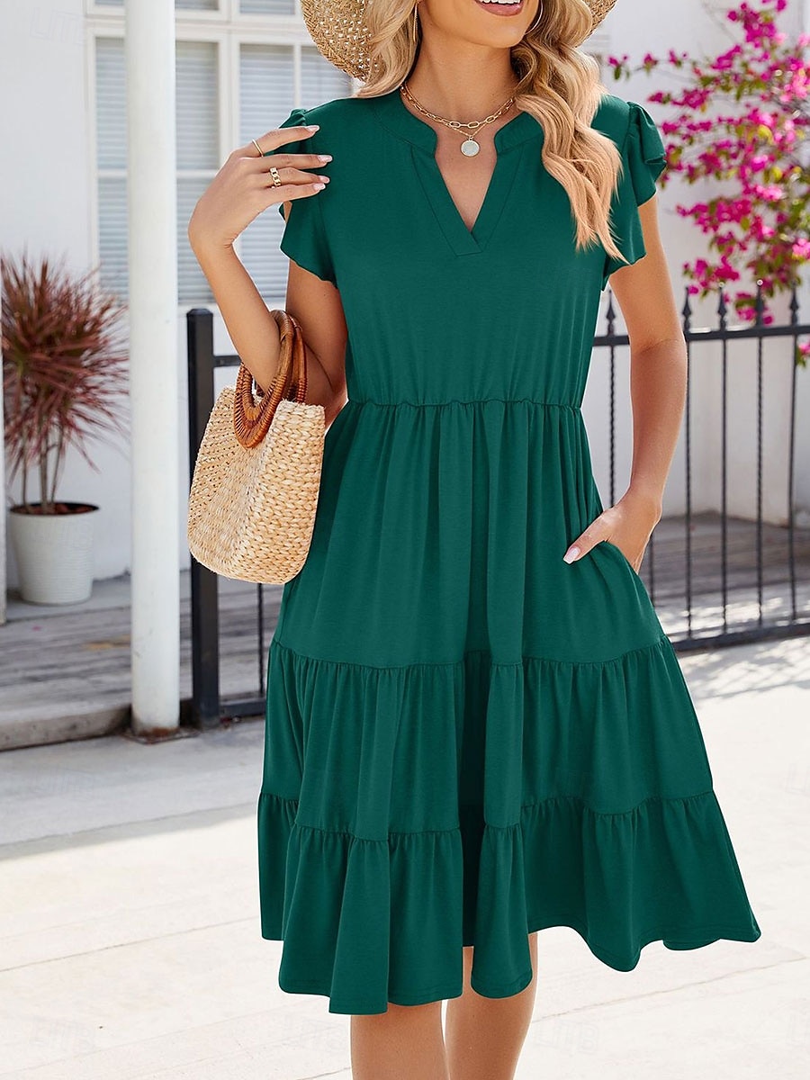 Damen kleid lang Casual kleid Elegant Stilvoll Basic Urlaub Arbeit Casual Regular Fit Glatt Kurzarm V Ausschnitt Dunkel Braun Rosa Dunkelgrün Aprikose Sommer Frühling 2025 - $36.99 –P7